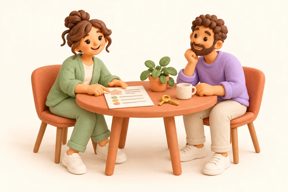 Knetillustration: Betreuungsperson und Kunde besprechen am Tisch den Besuchsplan